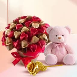 Amazing Gift of Heart Shape Chocolate Bucket with Teddy n Golden Rose for Girlfriend 1