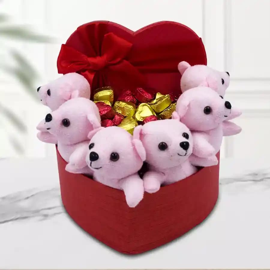 Astonishing Heart Shape Box of Teddies n Heart Shape Chocolates