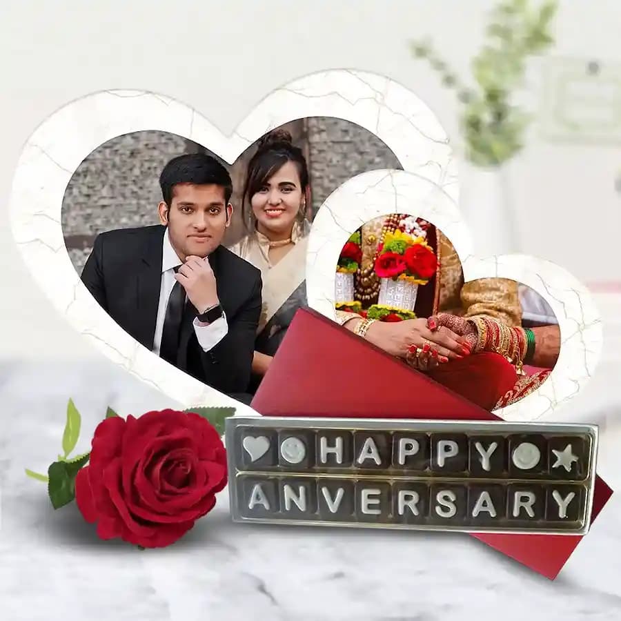 Amazing Personalized Twin Heart Photo Frame with Handmade Chocolates N Rose