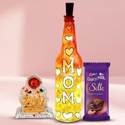 Handcrafted Bottle Lamp with Ganesh Laxmi Mandap n Cadbury Dairy Milk Silk Fruit n Nut for Mom 1
