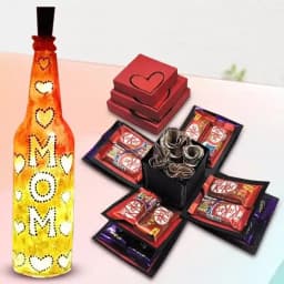 Chocolates n Rose Explosion Box with a Handcrafted LED Lighting Bottle Lamp for Mom 1