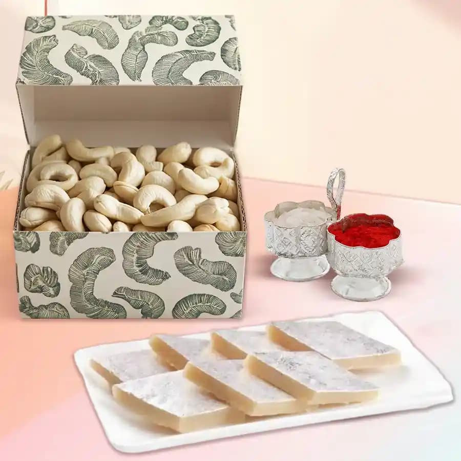 Ambrosial Gift of Kaju Katli with Cashews n Roli Chawal