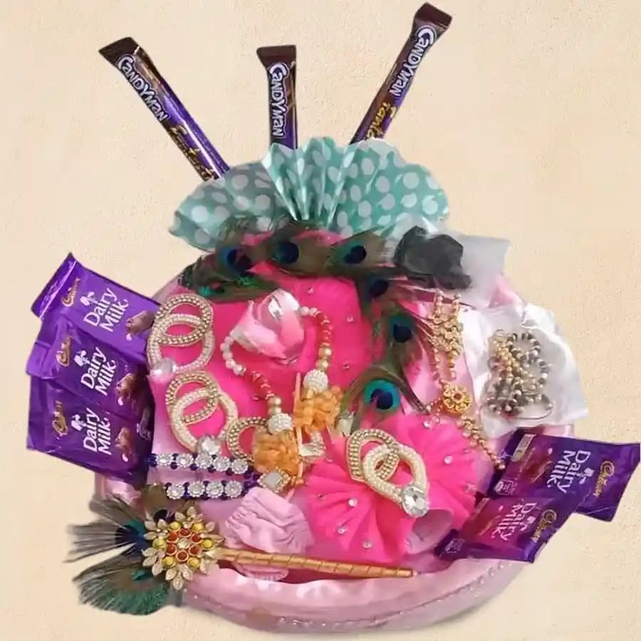 Traditional Ladoo Gopal Attire with Sweets and Jewellery