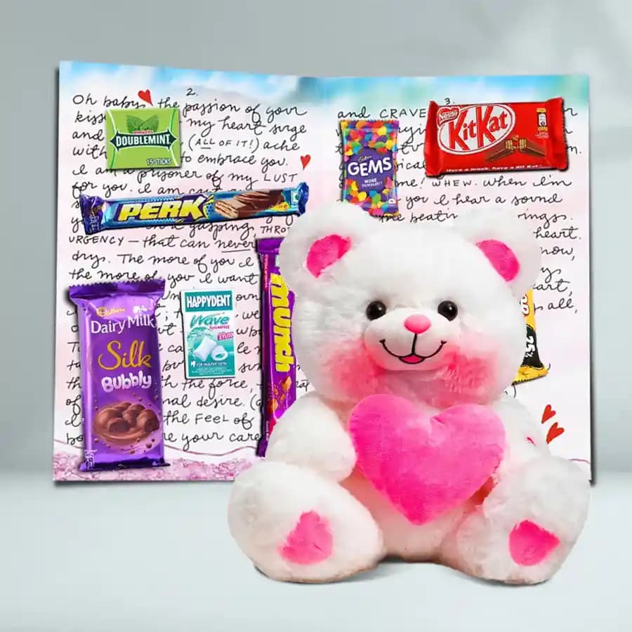 Splendid Choco Message Card with Assorted Chocolates and Heart Teddy