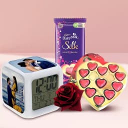 Exciting Gift of Personalized Photo Clock with Heart Shape Chocolates n Roses 1