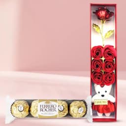 Attractive Rose Day Combo of Ferrero Rocher n Artificial Roses with Teddy 1