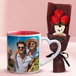 Fabulous Artificial Roses with Teddy Bouquet N Personalized Coffee Mug 1