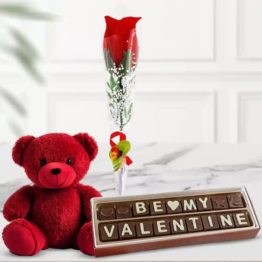 Exotic V-Day Gift of Red Teddy with Red Rose Stick N Handmade Chocolate
