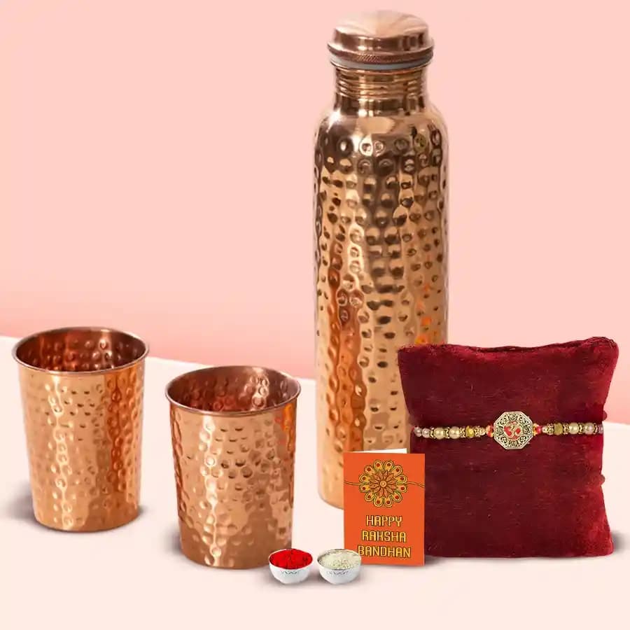 Sacred OM Rakhi N Copper Bottle Gift Set