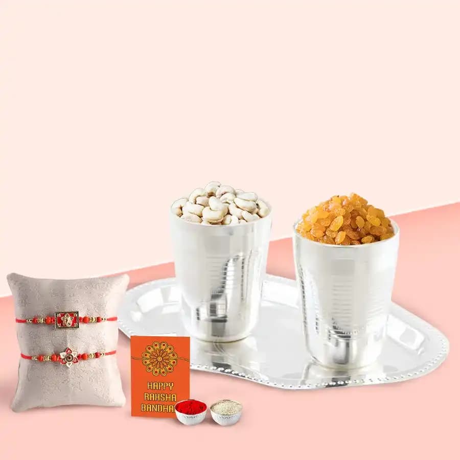 Elegant Silver Plated Dry Fruit Gift Set with Complimentary Rakhis