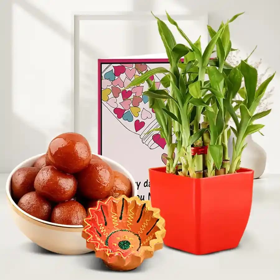 Diwali Hamper Bamboo Plant Diya And Sweet Celebrations
