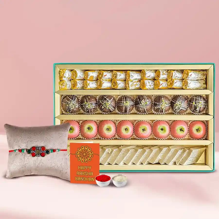 Arresting Stone Rakhi with Assorted Sweets