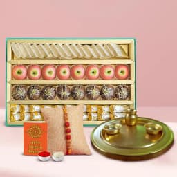 Attractive Rudraksha Rakhi with Sweets N Golden Rakhi Thali Combo 1