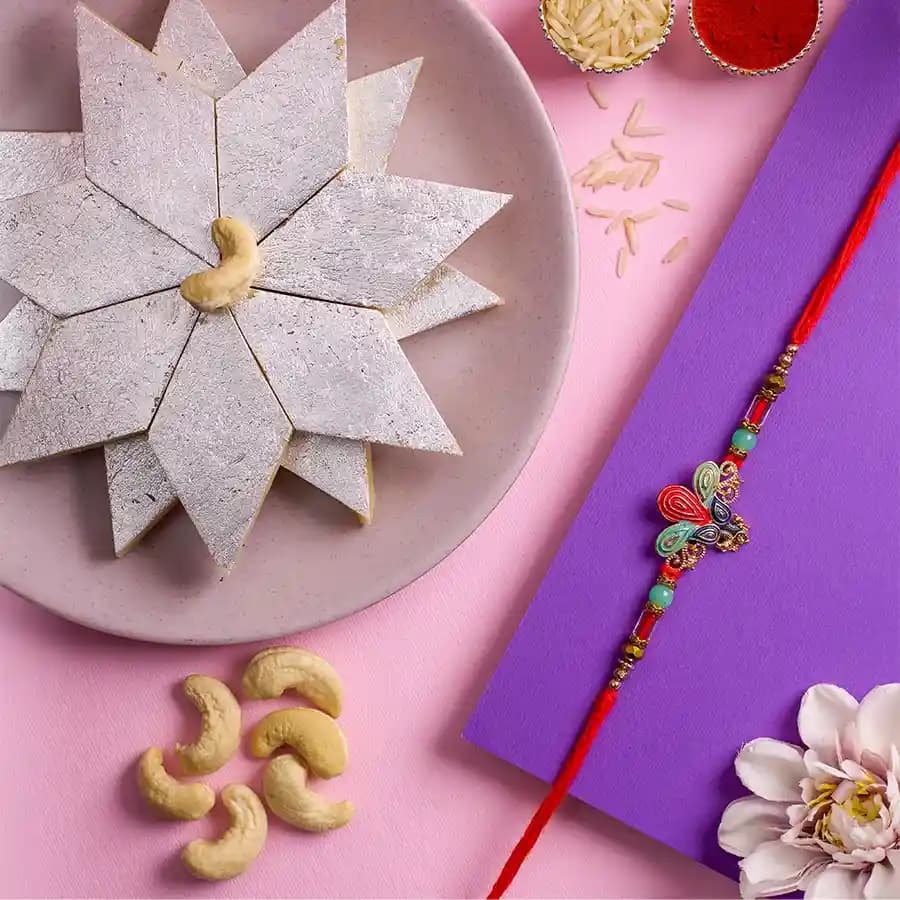 Remarkable Kundan Rakhi N Kaju Katli Box