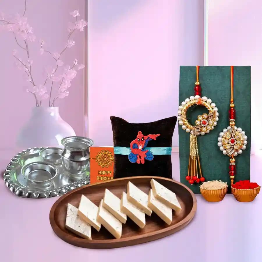 Divine Puja Thali Gift Set with Kaju Sweets and Rakhis