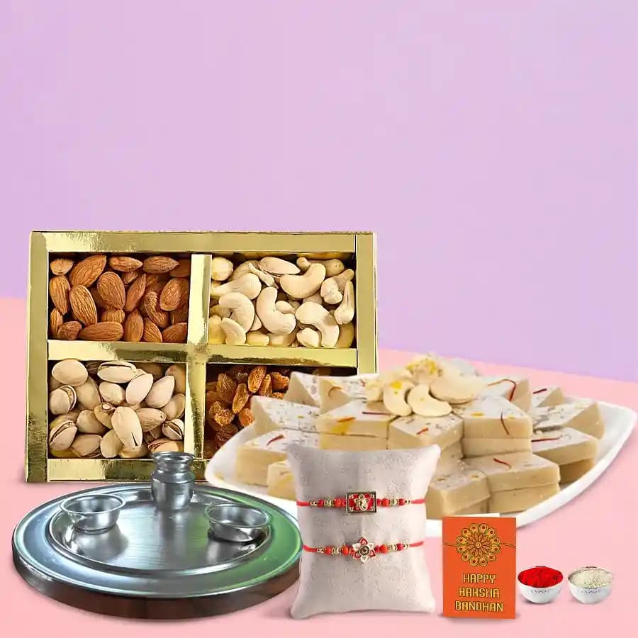 Elegant Silver Thali with Haldiram Kaju Katli & Assorted Nuts