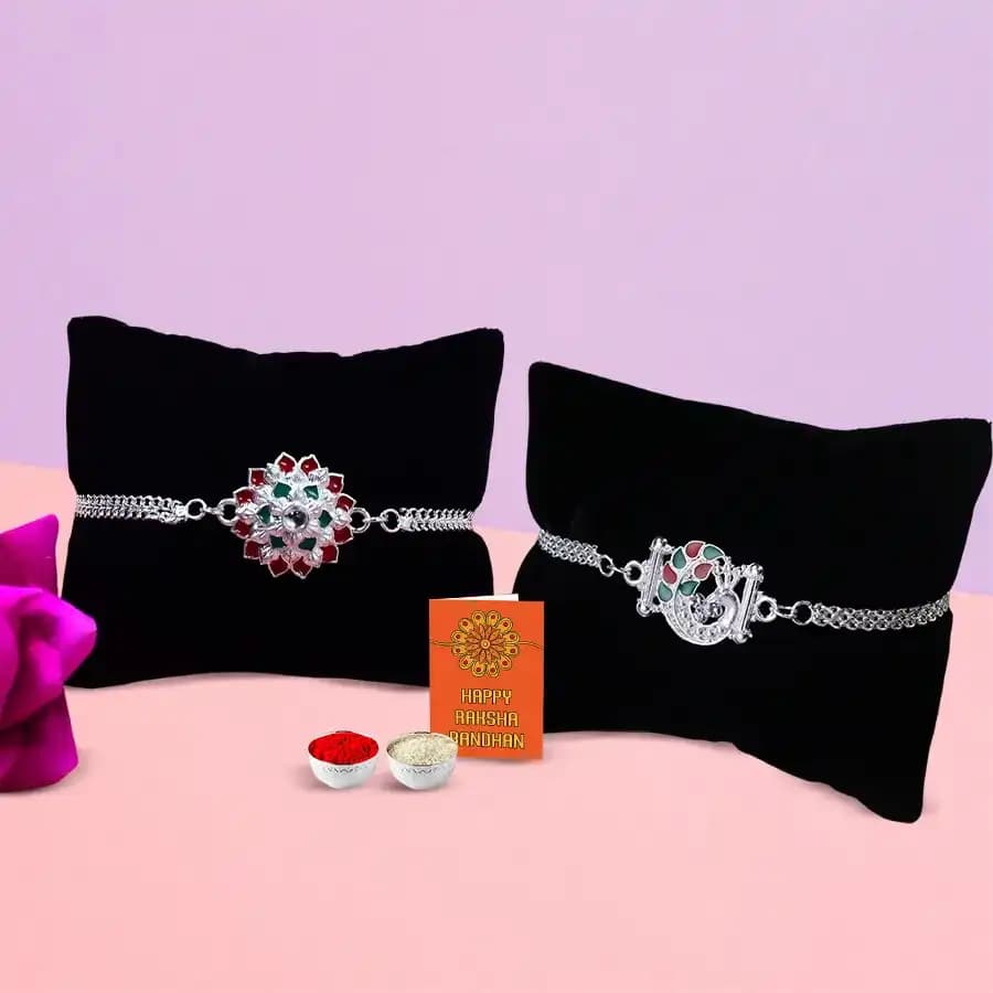 Twin Silver Plated Rakhi Duo with Roli and Chawal