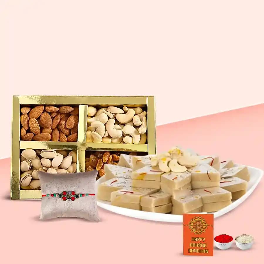 Premium Dry Fruit Delight with Kaju Barfi and Complimentary Rakhi