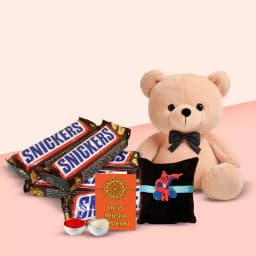 Sweet Surprise: 4 Snickers Bars with Adorable Teddy and Festive Kids Rakhi 1