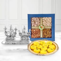Appealing Ganesh Lakshmi Idol with Dry Fruits N Haldirams Kesaria Peda 1