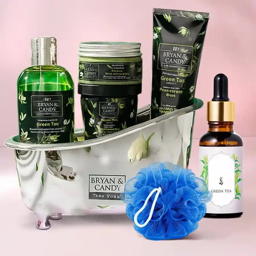 Classy Green Tea Bath Tub Home Spa Set with Essential Oil N Loofah