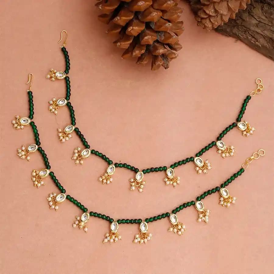 Stylish Green Beads Kundan Anklets