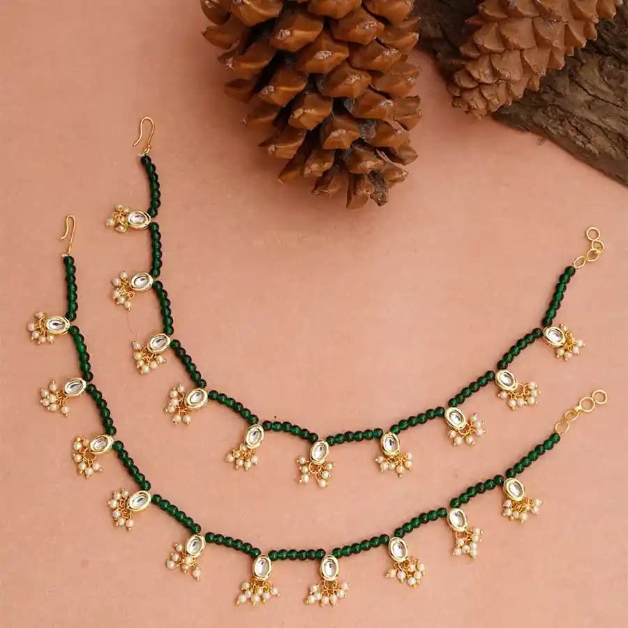 Marvellous Green Beads Kundan Anklets