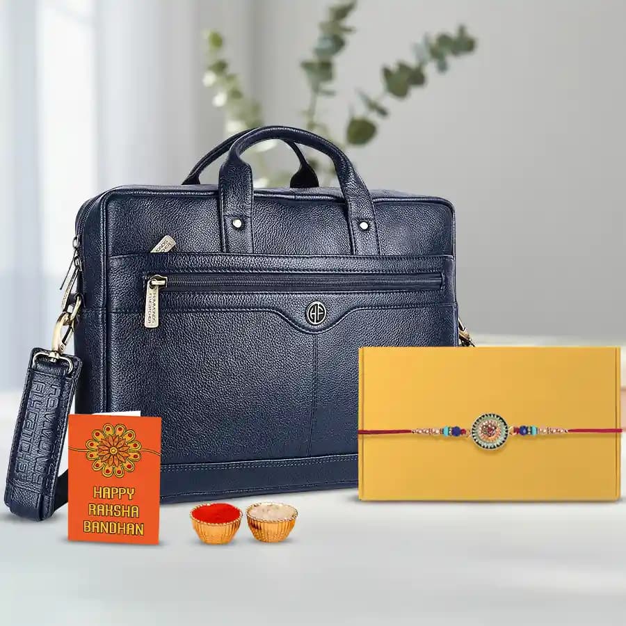 Modern Elegance Rakhi with Leather Laptop Bag