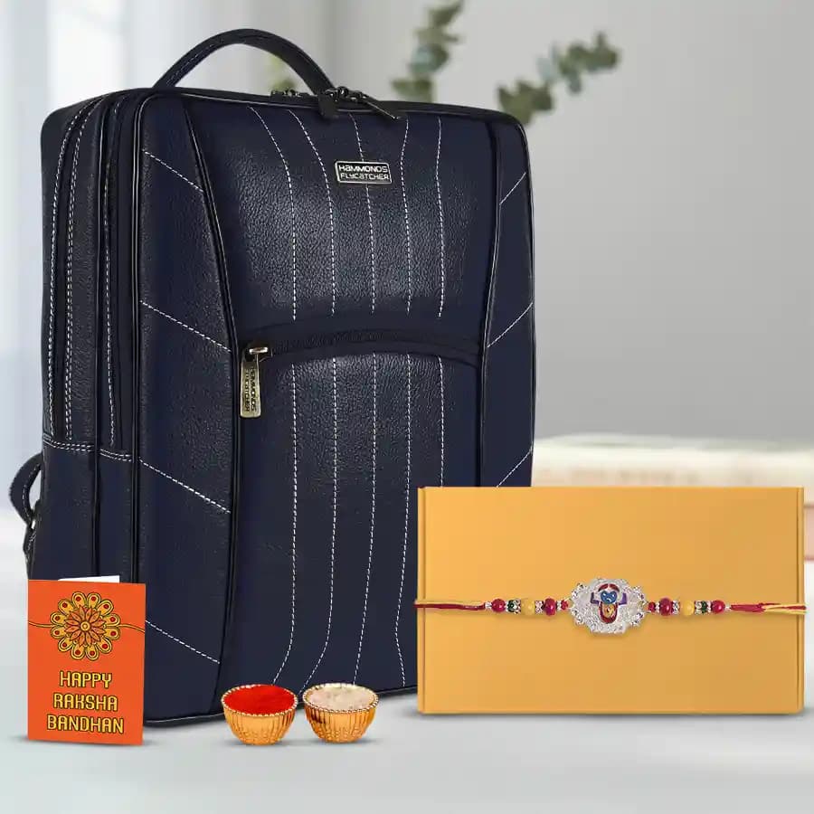 Elegant Rakhi N Leather Laptop Backpack Gift Set