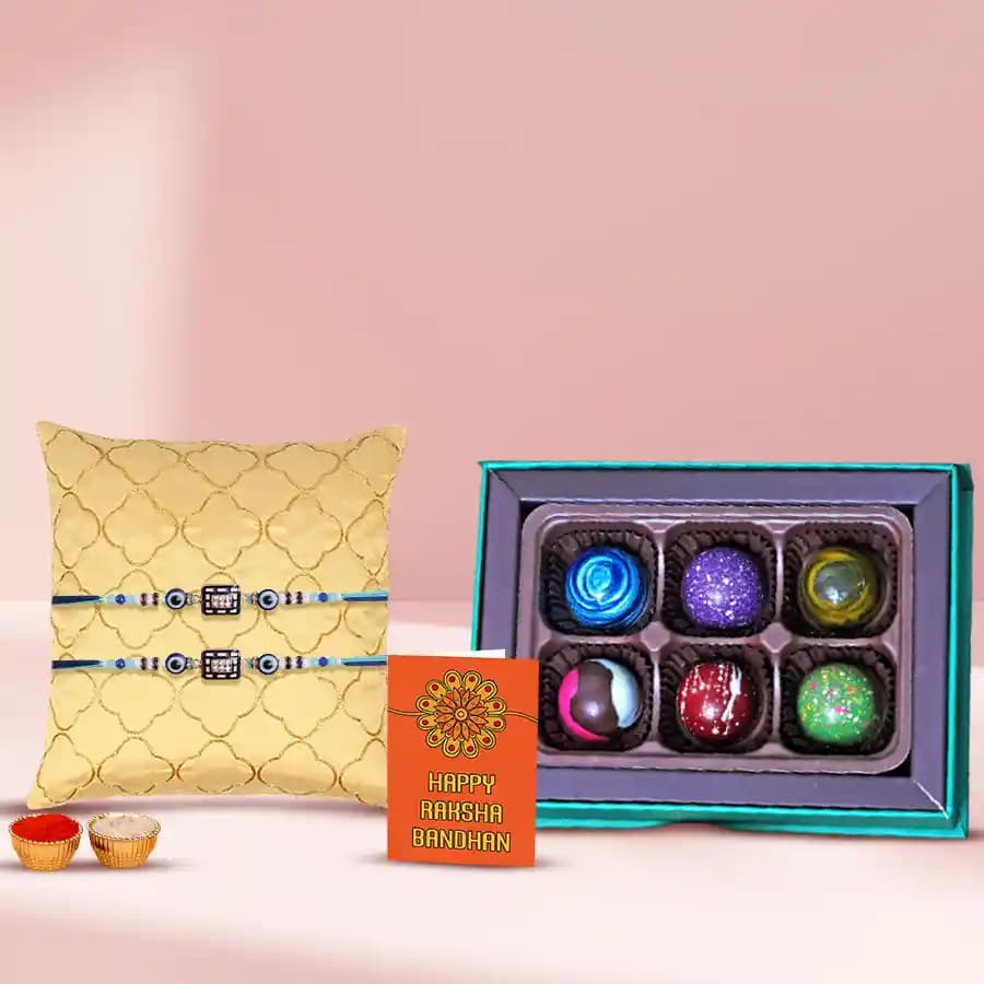 Elegant Set of 2 Evils Eye Rakhi with Ambrosial Handmade Chocolates