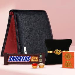 Elegant Gold Plated Rakhi with Gents Wallet N Snicker Chocolate 1