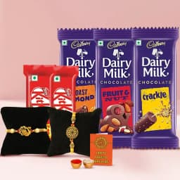 Cool Golden Rakhi Set N Chocolates Assortment in Bamboo Box 1