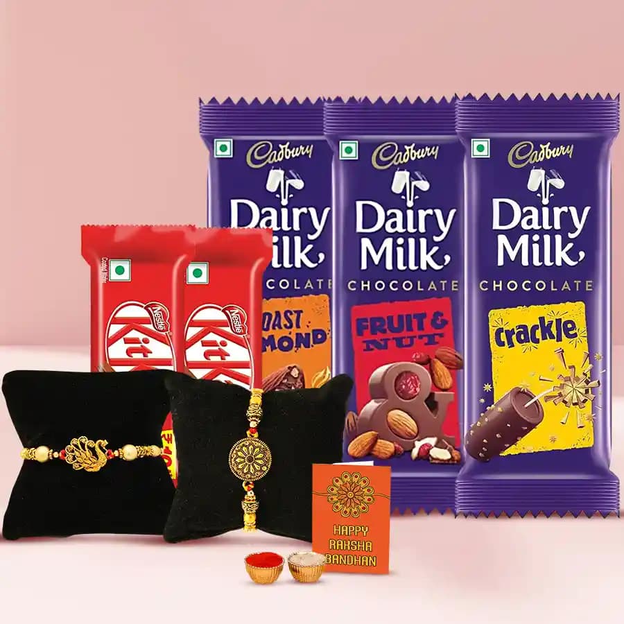 Cool Golden Rakhi Set N Chocolates Assortment in Bamboo Box