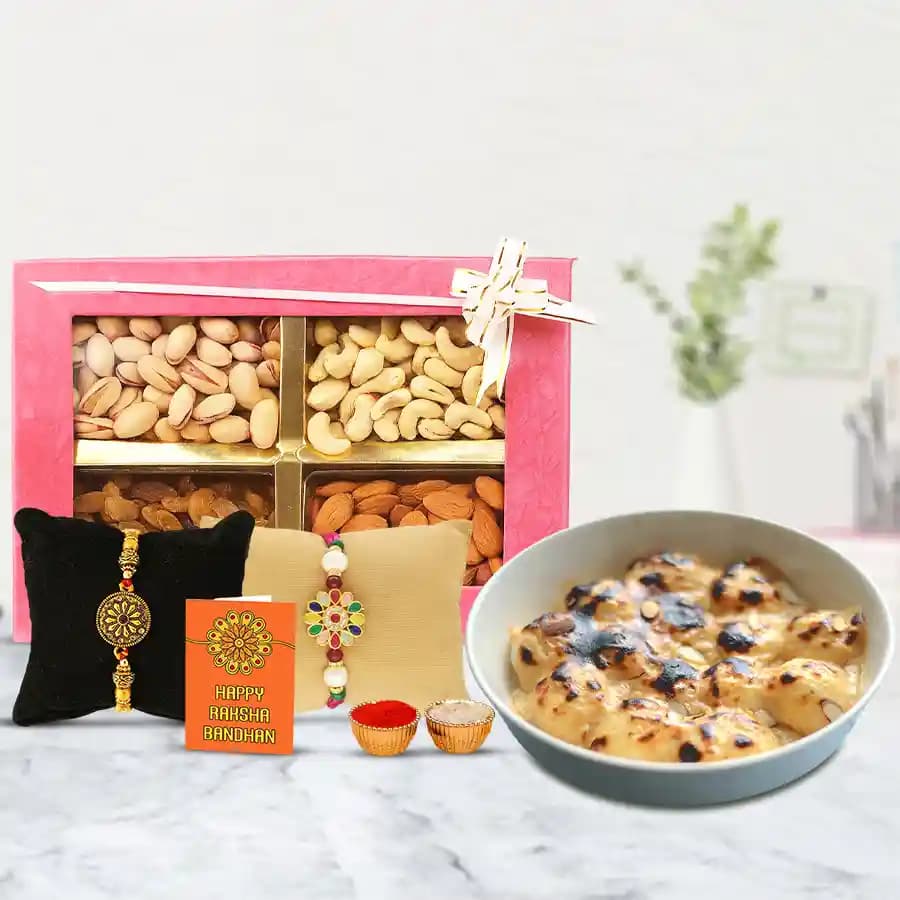 Tasty Balaram Mullicks Rasgulla with Assorted Dry Fruits N Classy Rakhi Pair