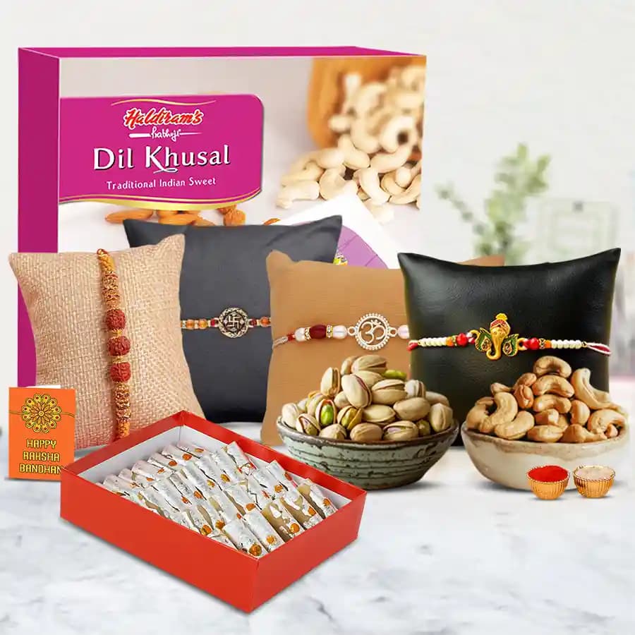 Remarkable Set of 4 Rakhis with Haldiram Sweets N Assorted Dry Fruits