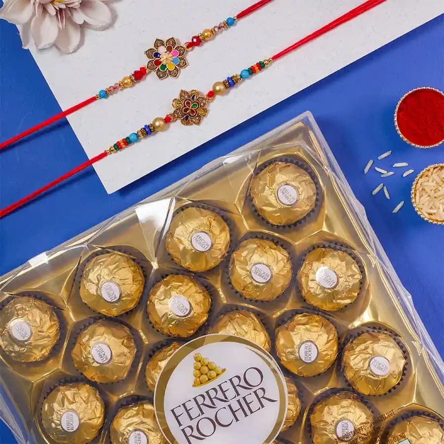 Designer Floral Kundan Rakhi N Rocher Combo