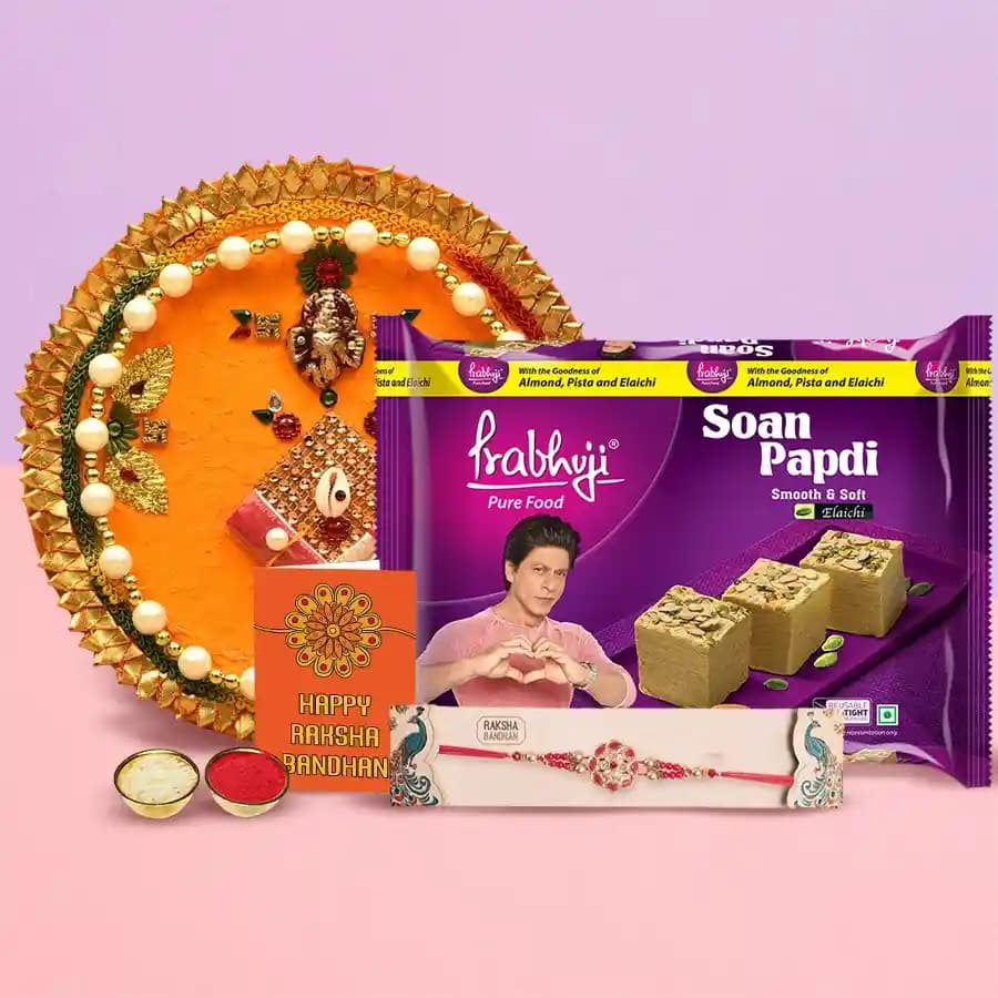 Festive Pooja Thali with Soan Papri and Traditional Rakhi
