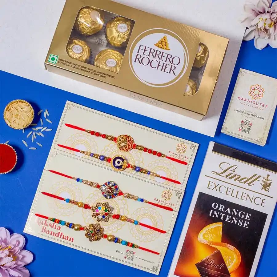 Stylish 5 Rakhi Set N Chocolates Combo