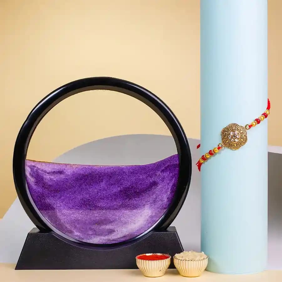 Stunning Kundan Rakhi N Moving Sand Art Showpiece Combo