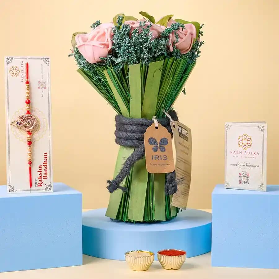 Holy Shree Krishna Rakhi N Artificial Floral Bouquet Combo