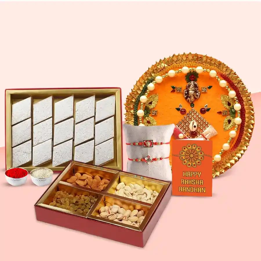Traditional Pooja Thali Set with Gourmet Kaju Katli and Dry Fruits