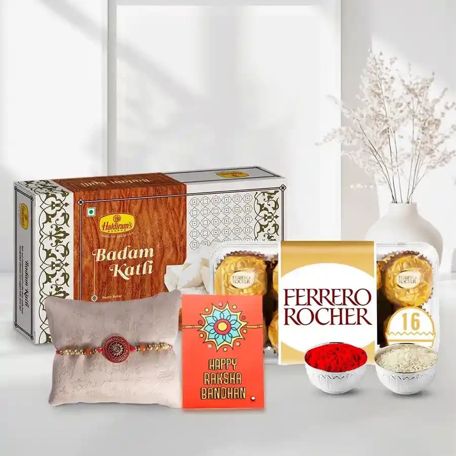 Premium Festival Delight: Haldiram's Badam Katli & Ferrero Rocher with Rakhi