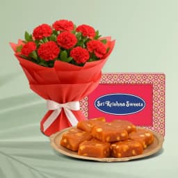 Elegant Red Carnations & Classic Indian Sweets 1