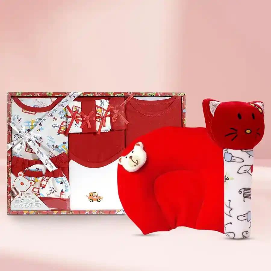 Marvelous Gift of Baby Clothing Set with Neck Supporting Pillow N Soft Toy