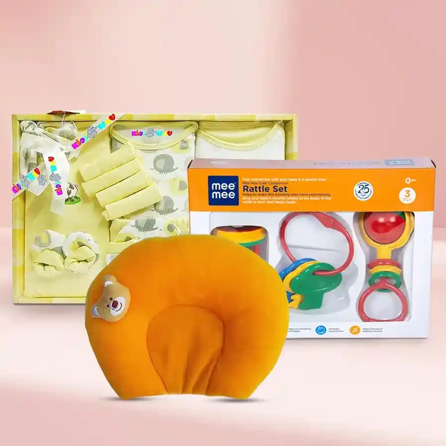 Wonderful Gift of Rattle N Dress Set with Neck Supporting Pillow
