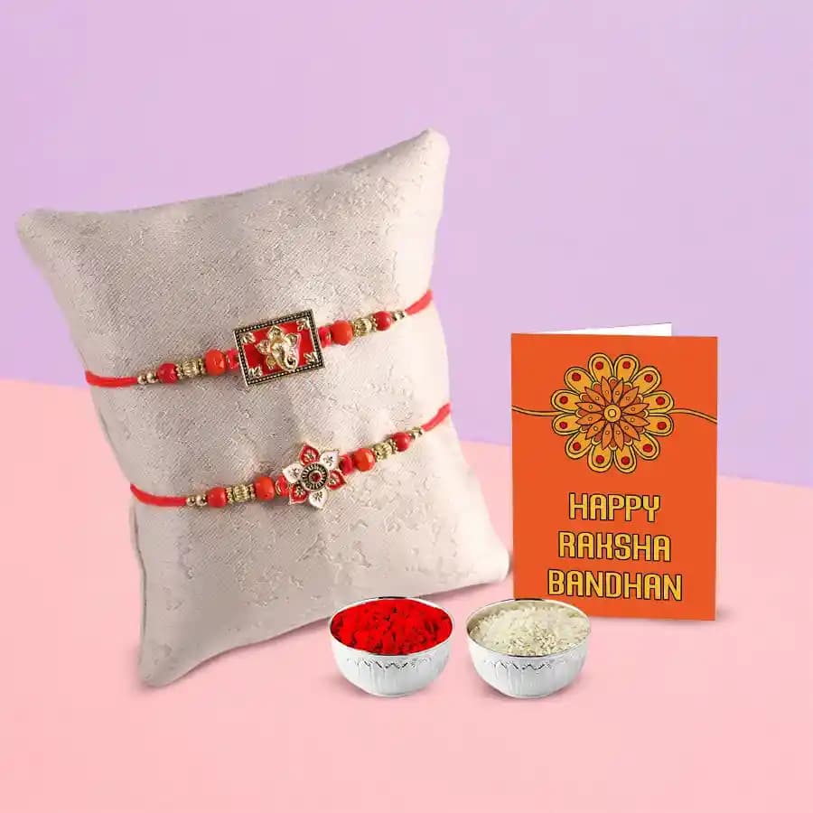 Elegant Pair of Designer Rakhis with Complimentary Roli and Chawal