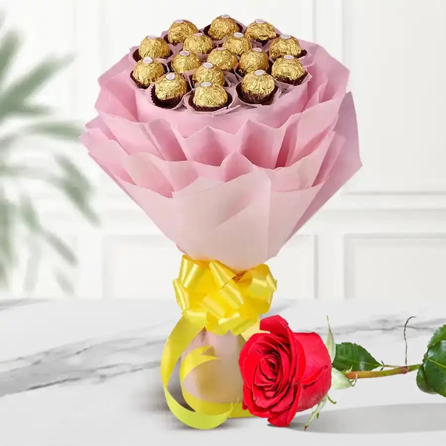 Marvelous Bouquet of Ferrero Rochher Chocolate with Free Single Red Rose