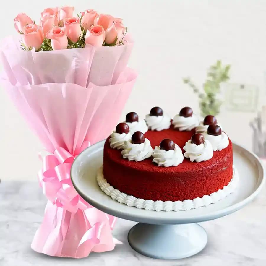 Pink Rose Bouquet with Delicious Red Velvet Cake