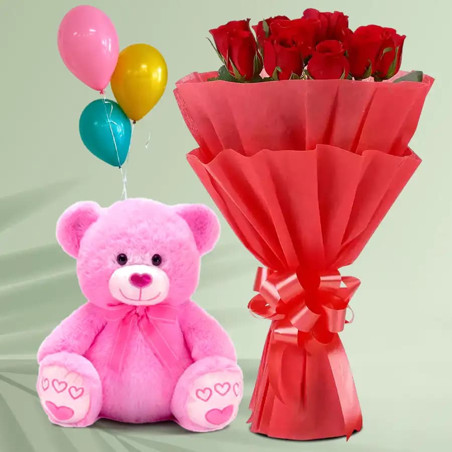Teddy with Balloons and Red Rose Bouquet