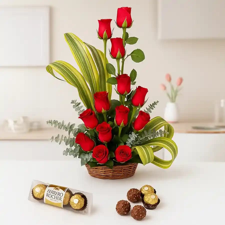 Attention Getting Red Roses Arrangement with Ferrero Rocher